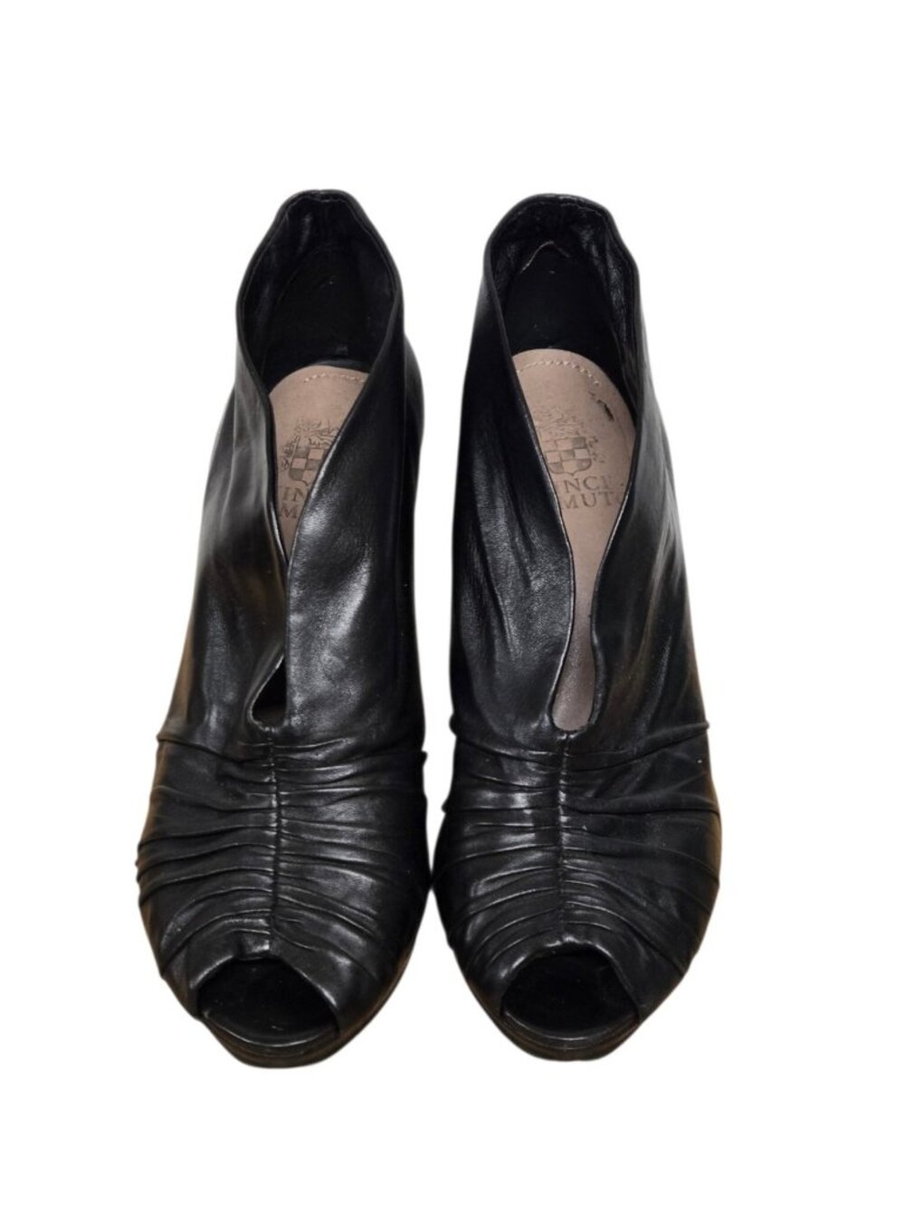 Vince Camuto Ruched Black Leather Peep Toe Bootie Size 5.5 Goth Indie Whimsigoth